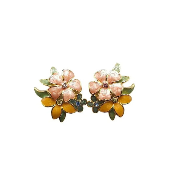 Joan Enamel Flower Post Earrings Multicolor Petals Rhinestones SPRING FLING - Picture 1 of 6